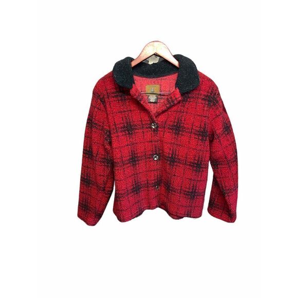 St. johns bay red black plaid button jacket Christmas large soft cozy warm - Picture 1 of 3